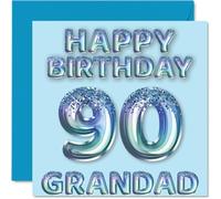 90th Birthday Card for Grandad - Blue Glitter Party Balloons - Happy Birthday Cards for 90 Year Old Grandad from Grandson Granddaughter, 145mm Bday Greeting Cards Gift