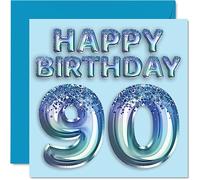 90th Birthday Card for Men - Blue Glitter Party Balloon - Happy Birthday Cards for 90 Year Old Man Great Grandpa Grandad Dad Gran, 145mm Bday Greeting Cards Gift