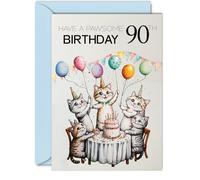90th Birthday Card for Men Women - Pawsome Party Cats Balloons - Happy Birthday Cards for 90 Year Old Man Woman, A5 Cat Bday Greeting Cards