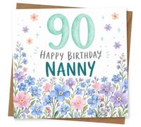 90th Birthday Card for Nanny - Floral Watercolour Design, Happy Birthday Message for Grandma, Gran, Nana or Nanny