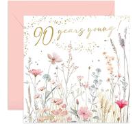 90th Birthday Card for Women - Ninetieth Female Birthday Card - Flower Meadows Gold Foil Detail - Elegant Wonderful Birthday Card for Her - Mum, Auntie, Nana, Granny, Sister