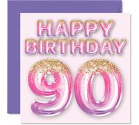 90th Birthday Card for Women - Pink & Purple Glitter Balloons - Happy Birthday Cards for 90 Year Old Woman Mum Great Nanny Grandma Gran, 145mm Bday Greeting Cards Gift