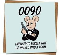 90th Birthday Card Funny 0090 Licenced to Forget - Humorous Men’s Age 90 Greeting Card, Square 145mm x 145mm, Blank Inside, Cartoon Spy Mouse, Kraft Envelope Included