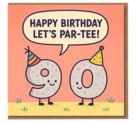 90th Birthday Card - Funny 'Happy Birthday Let's Par-Tee!' Pun with Cute Cartoon 90 in Party Hats - For Men, Women, Mum, Dad, Grandad, Nan, Friends