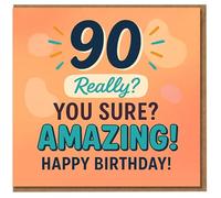 90th Birthday Card - Funny Milestone Design with '90 Really? You Sure? Amazing! Happy Birthday!' Bold Typography on Peach Background