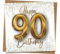 90th Birthday Card - Gold 90 Balloon Design, Square Greeting Card with Kraft Envelope, 145mm x 145mm, Luxury Milestone Celebration Card for Men or Women