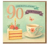 90th Birthday Card - Tea and Cake Design - Congratulations - Floral Teacup, Butterfly and Slice of Cake - Milestone 90 Card for Him or Her