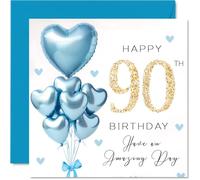 90th Birthday Cards for Men - Blue Glitter Balloons - Happy Birthday Card for 90 Year Old Man Great Grandad Step Dad Uncle Husband, 145mm Bday Greeting Cards