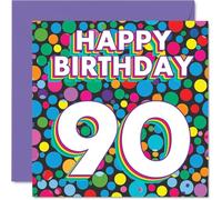 90th Birthday Cards for Men Women - Funky Rainbow Dots - Happy Birthday Card for 90 Year Old Man Woman Nan Auntie Nanny Dad, 145mm Bday Greeting Cards