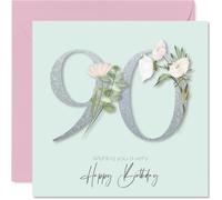 90th Birthday Cards for Women - Fancy Floral Flowers - Happy Birthday Card for 90 Year Old Woman Granny Nan Nanny Grandma, 145mm Bday Greeting Cards