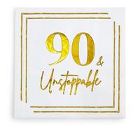 90th Birthday Cocktail Napkins, Gold 90 Years Old Bday Party Decorations, "90 & Unstoppable" Disposable Paper Napkin Decor for Men & Women, Milestone Celebration Fabulous Gift Ideas, 50 Pack