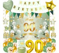 90th Birthday Decorations Banners Set - 32 Pcs Green Gold Happy Birthday Banner Curtain Number Star Heart Foil Balloons Hanging Swirls Pennant Cake Topper for 90 Years Old Women Men Party Decor