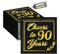 90th Birthday Decorations for Men Women - 52 Pack Black Gold Party Supplies Cocktail Napkins, Cheers to 90 Years! (5X5 in, 3-Ply, 52 Pack)