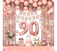 90th Birthday Decorations for Women Girls, Happy 90 Birthday Decorations for Her, Rose Gold Birthday Party Supplies with Banner, Number Balloons, Fringe Curtains, Hanging Swirls