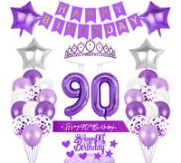 90th Birthday Decorations Girls Birthday Princess Crown Birthday Sash Happy Birthday Banner Cake Toppers Number Balloons Decorations Set for 90 Years Old Birthday Party Supplies, Warm Photo Backdrop