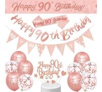 90th Birthday Decorations: Rose Gold Happy Banner, Sash, Cake Topper, Triangle Flag and Confetti Balloons for Party Decoration