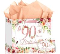 90th Birthday Gift Bag Flower Birthday Decorations for Women Rose Gold 90th Gift Wrapping Paper Bag Ninety for Cheers to 90 Years Old Party Favors Supplies