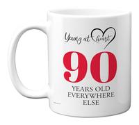 90th Birthday Gifts for Women and Men, Cheeky Novelty Mug Young at Heart | Gag Joke Gifts, Perfect Funny Mugs for Ninety Ninetieth Birthday Present, 11oz Ceramic Coffee Mugs