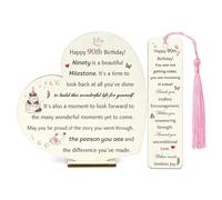 90th Birthday Gifts For Women Happy 90s Birthday Wood Desk Sign Bookmark 2PC Set Home Decoration Present Personalised Wooden Heart Plaque Appreciate for Grandma Nana Nanny Auntie Godmother (90th)