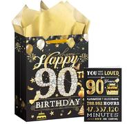 90th Birthday Medium Gift Bag, Black and Gold Birthday Presents Bag with Greeting Cards and Tissue Paper, Perfect for Any 90th Celebration