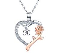 90th Birthday Necklace, 925 Sterling Silver Roseflower Heart Necklace Number 90th Birthday Anniversary Initial Necklace Personalised Jewellery Gift for Women Mom Grandma