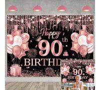 90th Birthday Party Backdrop Glitter Rose Gold Balloons 90th Happy Birthday Photography Background for Adult Fabulous 90 Bday Party Decoration Photo Booth Backdrop 6x4ft(72''x48'')