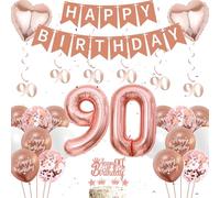 90th Birthday Party Decorations Women - 44 Pieces Rose Gold Birthday Party Decoration, 90 Banner Hanging, 90th Foil Balloons, Happy Banners, Heart Balloon, Cake Topper for Womens 90 gift Supplies