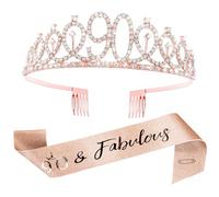 90th Birthday Sash and Tiara for Women, 90 Rose Gold Birthday Sash Crown with Rhinestones, Sash Tiara Gifts for 90 years old Woman, Suitable for Women Happy 90th Party Decorations