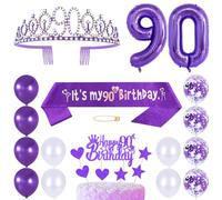 90th Birthday Sash Princess Crown Queen Tiara Rhinestone Headbands Cake Toppers Number 90 Helium Balloons Purple Latex Balloon 90 Birthday Decoration for Women 90 Year Old Birthday Party Supplies