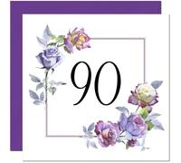 90th Floral Birthday Card - Purple Beautiful Flowers Elegant Birthday Card for 90 Year old Ninety Ninetieth