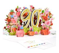 90th Flower Birthday Pop Up Card for Women - Elegant 3D Garden Scene with Roses, Butterfly, Sparkling Gold “90” - Floral Milestone Greeting Card for Her - Includes Envelope and Blank Note