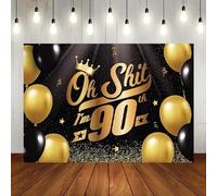 90th print wall decorations backdrop party background Photography Backdrop Black Gold Balloons Crown Confetti Cheers 90 Years Old Decor Anniversary Background Banner