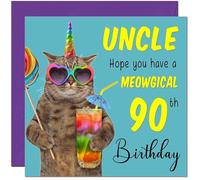 90th Uncle Birthday Card - Meowgical Cat Funny Uncle's Birthday Card for 90 Year old Ninety Ninetieth