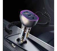 90W Multi-Port Super Fast USB C Car Charger, Cigarette Lighter Adapter With 5ft Type C Coiled Cable, Car Phone Charger [PD & QC 3.0] Adapter For iPhone 15 Pro Max, Macbook Pro/Air, Galaxy S24/S23/S22