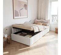 90x200 Kids Upholstered Bed with Hydraulic Storage White Teddy Design Multifunctional Sofa Bed with Slatted Frame - Perfect for Single Rooms and Space Saving