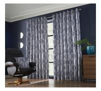 (90x90", Navy) Omega Eyelet Ring Top Curtain Pair Fully Lined Curtains Jacquard