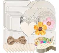 91pcs Unfinished Blank Wood Slices for Crafts, Unfinished Round Circles Square Wood Pieces,Wooden Hearts,10m Twine for Crafting,Pyrography Woodcraft Wooden Discs for Crafts Coasters DIY Decor Painting