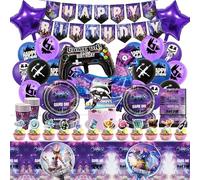 91PCS Video Game Birthday Decorations, Game Party Tableware Set, Video Game Party Supplies Happy Birthday Banner Plates Cups Napkins Tablecloth Foil Balloons Cake Toppers for Kids Gamers Lovers