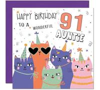 91st Auntie Birthday Card - Childrens Cute Cat Aunt Birthday Card for 91 Year old Ninety One Ninety First