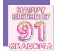 91st Birthday Card for Grandma - Pink & Purple Glitter Balloons - Happy Birthday Cards for 91 Year Old Grandma from Grandson Granddaughter, 145mm Bday Greeting Cards Gift