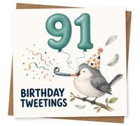 91st Birthday Card for Her, Birthday Tweetings Bird | Celebrate her 91st with teal balloon-style 91, party-hat bird blowing a horn, confetti and “Birthday Tweetings” text.