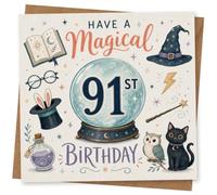 91st Birthday Card for Her, Crystal Ball, Cat and Owl | Features the words “Have a Magical 91st Birthday” with crystal ball, spell book, wand and wizard hat, plus owl and cat.