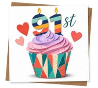 91st Birthday Card for Her, Cupcake & 91 Candle Topper | Bright cupcake with purple-pink swirls, rainbow-striped 91 candles and red hearts for her 91st birthday.