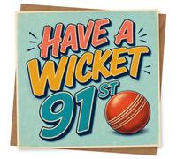 91st Birthday Card for Her, Have a Wicket, Cricket Ball | For her 91st, enjoy cricket-inspired humour with “Have A Wicket 91st” in bold lettering and a bright red ball.