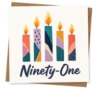 91st Birthday Card for Her, Patterned Candles, Ninety-One | Celebrate her 91st with five patterned candles and bold “Ninety-One” script for a cheerful, modern look.