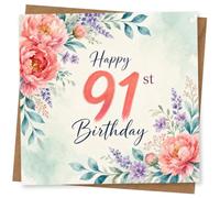 91st Birthday Card for Her, Pink Blooms and Green Leaves | ‘Happy 91st Birthday’ in flowing script, surrounded by pink blossoms, soft green leaves and lavender watercolour sprigs.