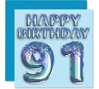 91st Birthday Card for Men - Blue Glitter Party Balloon - Happy Birthday Cards for 91 Year Old Man Great Grandpa Grandad Dad Gran, 145mm Bday Greeting Cards Gift