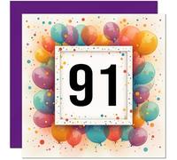 91st Birthday Card for Men Women - Any Age - Balloon Birthday Card for 91 Year old Woman Ladies Grandma Mum Aunt Nan Friend Sister Ninety One Ninety First Nanny