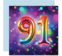 91st Birthday Cards for Women Men - Rainbow Foil Balloon - Happy Birthday Card for 91 Year Old Woman Man Grandma Grandad Nan Nanny, 145mm Bday Greeting Cards