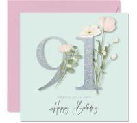 91st Birthday Cards for Women - Fancy Floral Flowers - Happy Birthday Card for 91 Year Old Woman Nan Gran Granny Nanny, 145mm Bday Greeting Cards